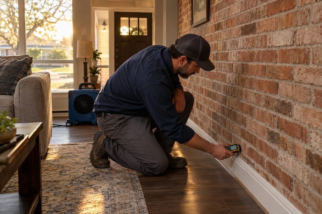 A close view of a restoration worker checking moisture along the baseboard of a brick ranch living room after a pipe leak in Garland, TX