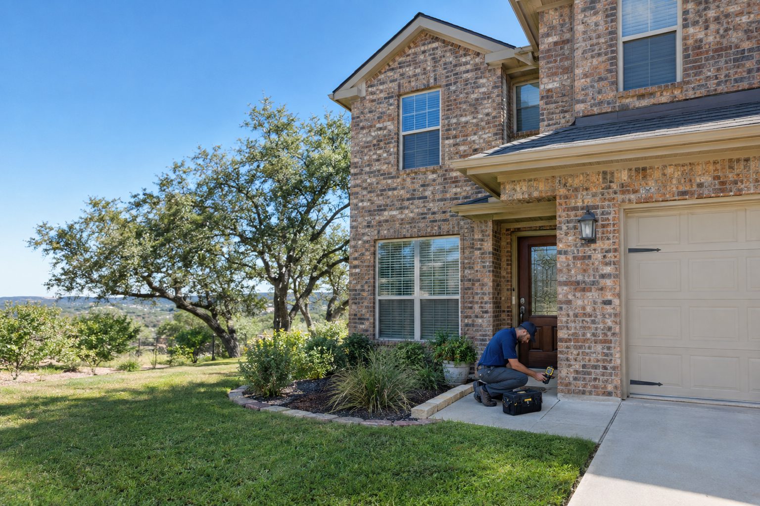 A restoration technician outdoors beside a two-story Waterview brick home, checking moisture readings near a ground-floor entry after a leak in Waterview, TX