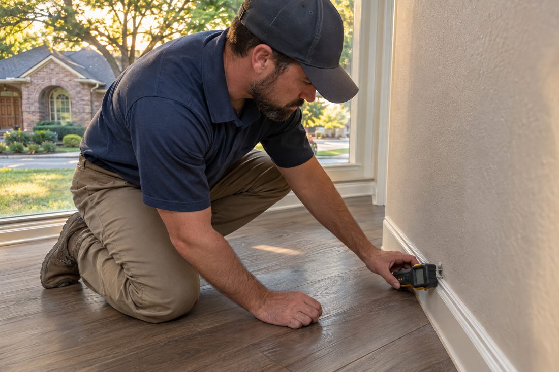 Close view of a technician checking moisture at the baseboard beside laminate flooring in a Wylie ranch home in Wylie, TX